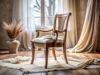 A Rustic Wooden Chair Placed Elegantly on a Crisp White Sheet, Showcasing Natural Textures and Soft Lighting for a Serene Home Decor Aesthetic