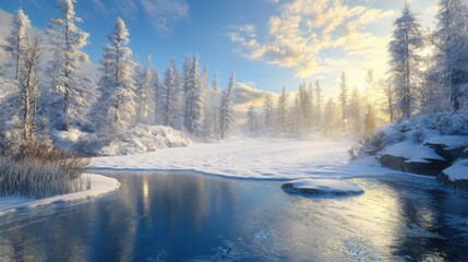 a breathtaking winter landscape with a frozen lake, snow-covered trees, and clear blue skies