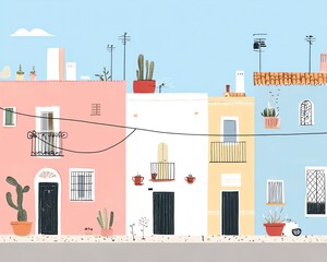 Fototapeta premium Serene minimalist street scene blending lush fantasy landscapes with everyday life, soft pastel hues, enchanting details, whimsical charm