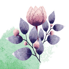 Textured floral illustration in soft pastel tones.
