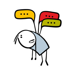 Unfortunate stickman is flying in the sky tied to balloons. Vector illustration funny man is psychologically dependent on other people's opinions and criticism. Isolated doodle character on white.