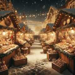 Fototapeta premium A Christmas market at night with wooden stalls selling handmade gifts, sweets, and decorations, surrounded by festive lights and snow