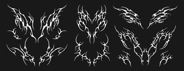 Neo tribal tattoo set. Neotribal gothic butterfly with wings, flame, heart, womb, symmetrical abstract dividers. Cyber sigilism y2k design elements. Celtic gothic body ornaments, emo stylized stickers