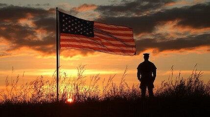 A silhouette of a soldier standing at attention in front of the American flag, with a sunset in the background, patriotic and respectful 