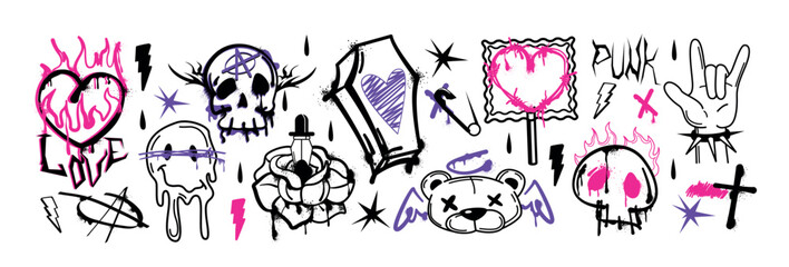 Fototapeta premium Spray paint graffiti element set. Street art gothic skull, bear head, burning heart, coffin, rose flower and sparkles. Grunge ink stickers, hand gesture, trippy melting smiles with splatters and drips
