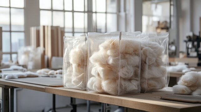 a transparent bag filled with fluffy sintepon material, sitting on a modern workshop table