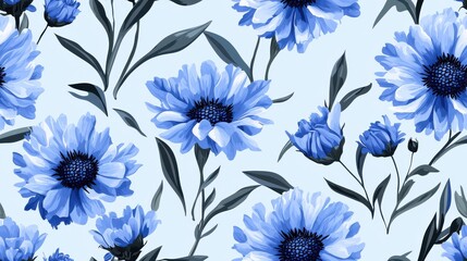 Beautiful Vibrant Blue Floral Seamless Pattern with Elegant Flowers and Leaves