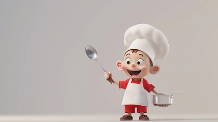 A cartoon chef boy smiles and holds a spoon and a pot.