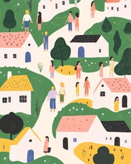 Fototapeta premium A vibrant illustration depicting a wellness retreat in the mountains, featuring people practicing yoga, meditation, and hiking in a peaceful environment.