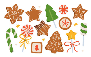 Colorful Christmas sweets set - hard candy, gingerbread cookies, candy canes, lollipop. Flat cartoon vector illustration.