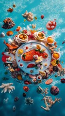 Fototapeta premium Surreal underwater culinary masterpiece, vibrant colors, floating dishes, whimsical sea life, drone perspective, dreamlike atmosphere