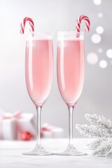 Festive Pink Champagne Flutes with Candy Cane Garnish on Holiday Table