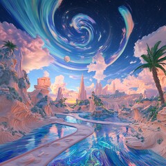 Tilted angle view, fantasy worlds blend into vibrant landscapes, surreal environmental details, dreamlike colors swirl together