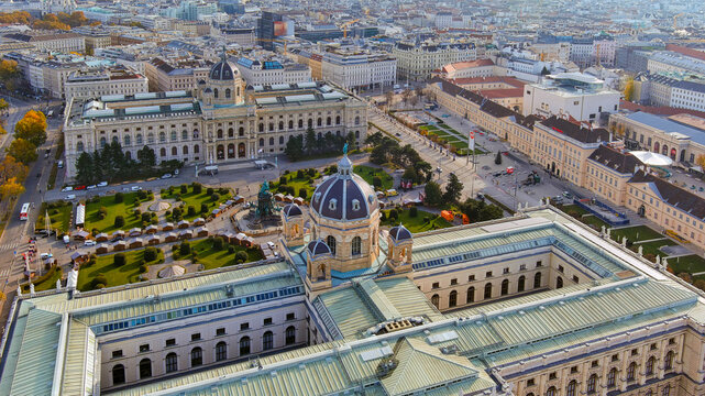 A magnificent aerial shot of Vienna&rsquo;s MuseumsQuartier, featuring the Kunsthistorisches Museum and lush gardens, showcasing architectural brilliance and cultural elegance