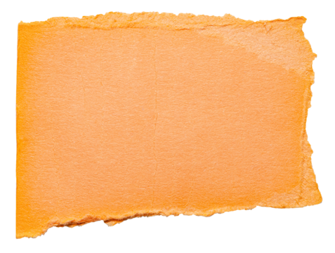 Isolated cut out torn piece of blank orange paper note cardboard with texture and copy space for text, transparent png background design element