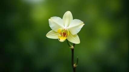 Fototapeta premium Delicate yellow orchid bloom on a blurred green background, showcasing natural beauty and elegance in a minimalist composition
