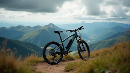 A sleek mountain bike stands on a scenic trail with breathtaking views of rolling green hills under a dramatic cloudy sky