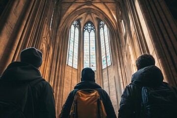 Naklejka premium Three individuals admire the majestic architecture of a grand cathedral. The light filters through stained glass. It creates an awe inspiring atmosphere. Generative AI