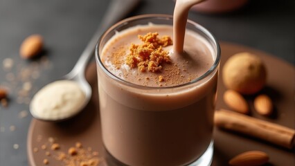 Creamy almond shake in a glass topped with crumbled cookies, surrounded by whole almonds and cinnamon sticks on a dark surface