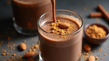 Creamy chocolate almond milk poured into a glass, garnished with almonds and cocoa powder on a dark background