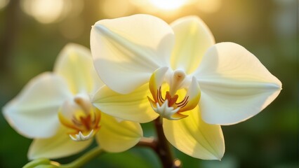 Obraz premium Delicate white orchid blossoms glow in the soft morning sunlight, showcasing their intricate petals and natural beauty