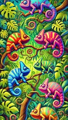 Vibrant Chameleons in a Lush Jungle Paradise