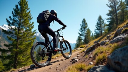Fototapeta premium Mountain biker riding uphill on a rugged trail surrounded by lush pines and distant snow-capped peaks under a clear blue sky