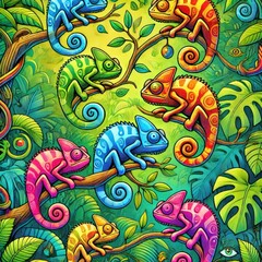 Vibrant Chameleons in a Lush Jungle Paradise