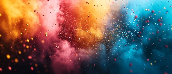 Obraz premium Colorful pigments burst into a cloud of vivid hues, blending shades of orange, pink, and blue in an artistic explosion during a creative event