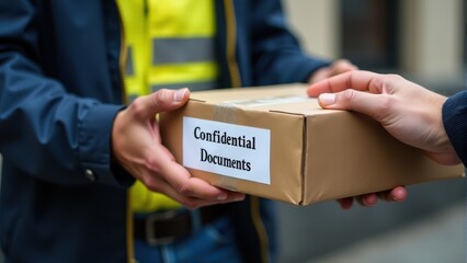 A person handing over a sealed package labeled "Confidential Documents" to a courier, emphasizing secure document delivery