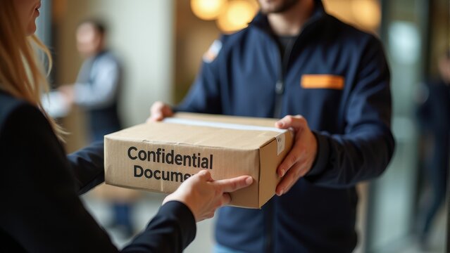 Two people exchange a package labeled "Confidential Documents," emphasizing secure delivery and discretion