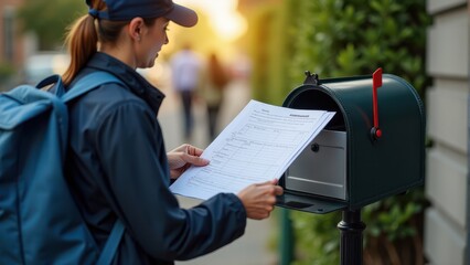A postal worker delivers mail to a residential mailbox on a sunny street