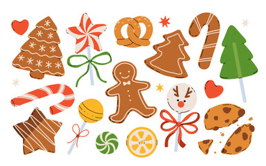 Colorful Christmas sweets set - hard candy, gingerbread cookies, candy canes, lollipop. Flat cartoon vector illustration.