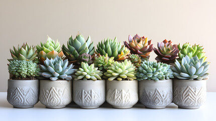 A collection of various succulents in small, patterned gray pots. The succulents display a variety of colors and textures, creating a visually appealing arrangement.