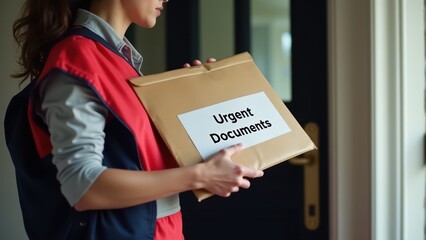 Courier holding an envelope marked "Urgent Documents" near a door, conveying the importance of timely delivery and secure handling of sensitive materials