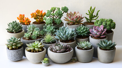 A collection of succulents in various shades of green, orange, and purple, potted in grey concrete containers.