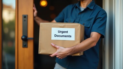 A person in a blue shirt delivers a package labeled "Urgent Documents" at a wooden door entrance, emphasizing prompt delivery service