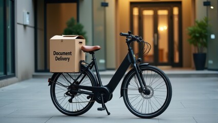 Electric bicycle with document delivery box parked outside a modern building, emphasizing eco-friendly courier solutions