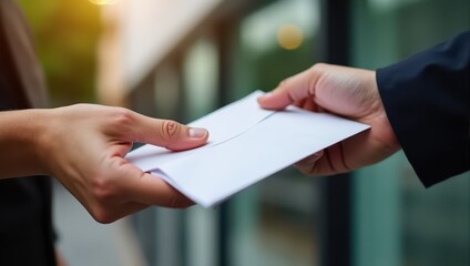 A close-up of two hands exchanging a white envelope outdoors, symbolizing an important transaction or communication