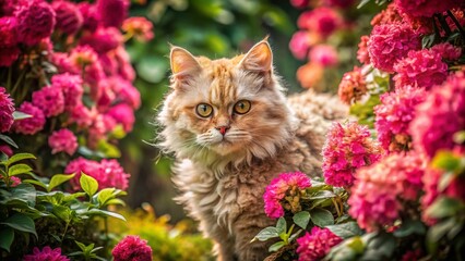 A Stunning Selkirk Rex Cat Surrounded by a Colorful Garden, Captured from Above with Drone Photography Showcasing Its Playful Exploration in a Vibrant Pink Floral Landscape