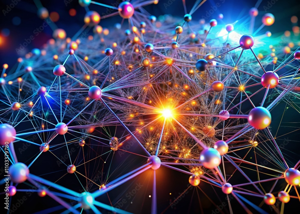 Poster a stunning visualization of a neural network in 3d, showcasing intricate connections and glowing nod