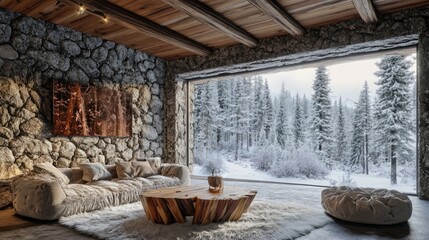 A chic rustic living space with a log cabin aesthetic
