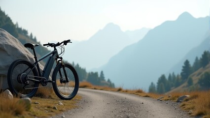 Fototapeta premium A mountain bike rests on a winding gravel path in a scenic mountain landscape with pine trees and foggy peaks in the background