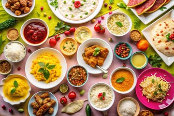A Stunning Top View of Vibrantly Colored Indian Dishes in White Plates, Showcasing Pink and Yellow Ingredients on an Isolated Background for Culinary Enthusiasts