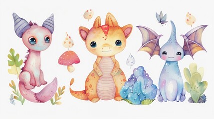 Naklejka premium Cute fantasy creature stickers in watercolor sparkling enchantment