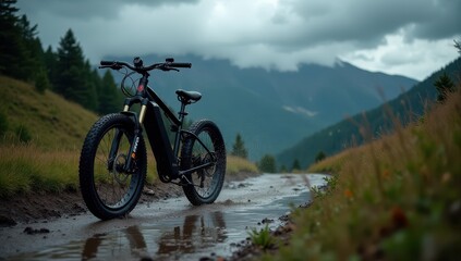 Fototapeta premium An electric mountain bike stands on a muddy trail in a lush, mountainous landscape under a cloudy sky