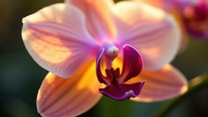 Fototapeta premium Close-up of a blooming orchid in warm sunlight, showcasing vibrant pink and orange petals with intricate detail
