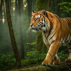 Obraz premium A majestic tiger stands on a rock, blending into the vibrant forest backdrop.