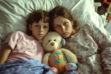 Cystic Fibrosis: Mother and Child in Hospital Room with Toy Plush Care Companion