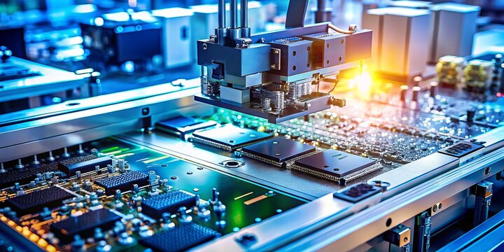Bokeh Effect on a High-Tech SMT Production Line Showcasing Surface Mount Technology with a Focus on Pick and Place Machines in Electronics Manufacturing Services